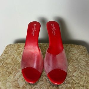 Red clear platform heels with flowers